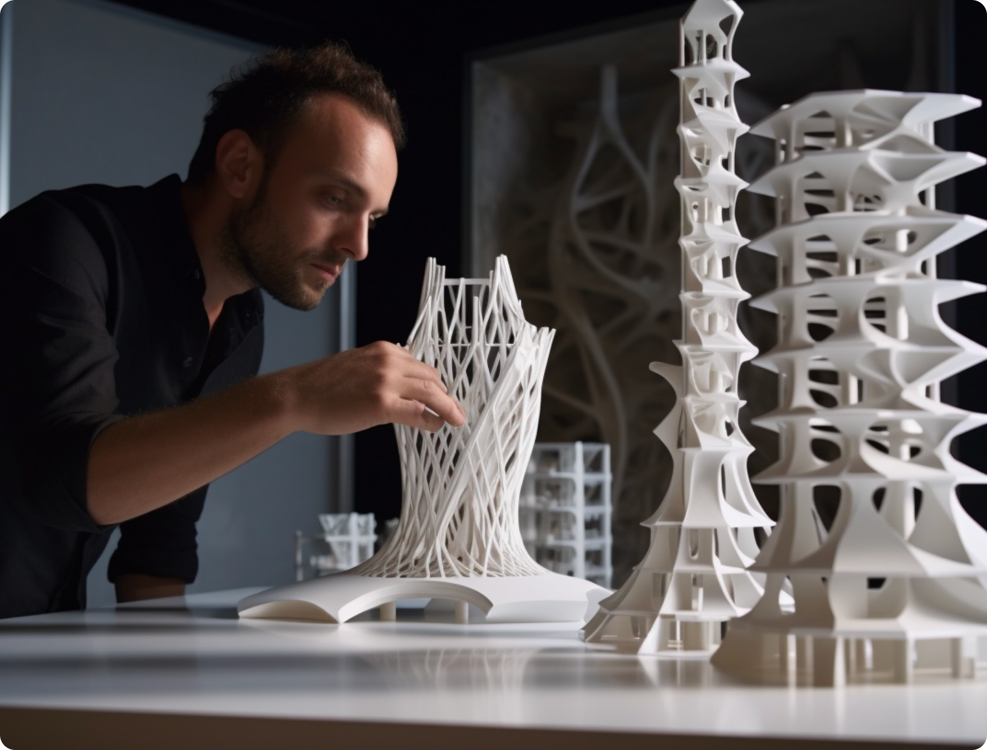 Display of various materials used in additive manufacturing including plastics, metals, and resins