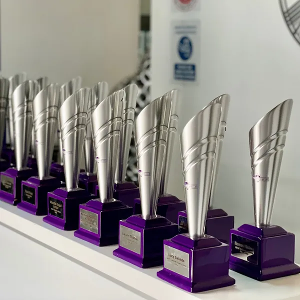 A row of matching silver award trophies with name plates on purple bases